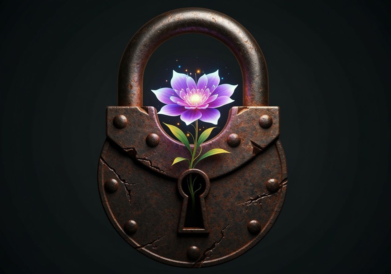 Glowing Flower Blooms From Rusty Padlock as Digital Art