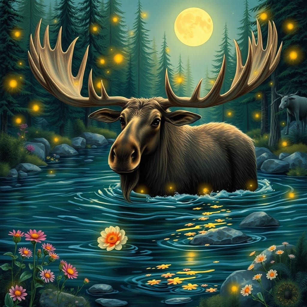 Majestic Moose Adorned with Wildflowers and Fireflies