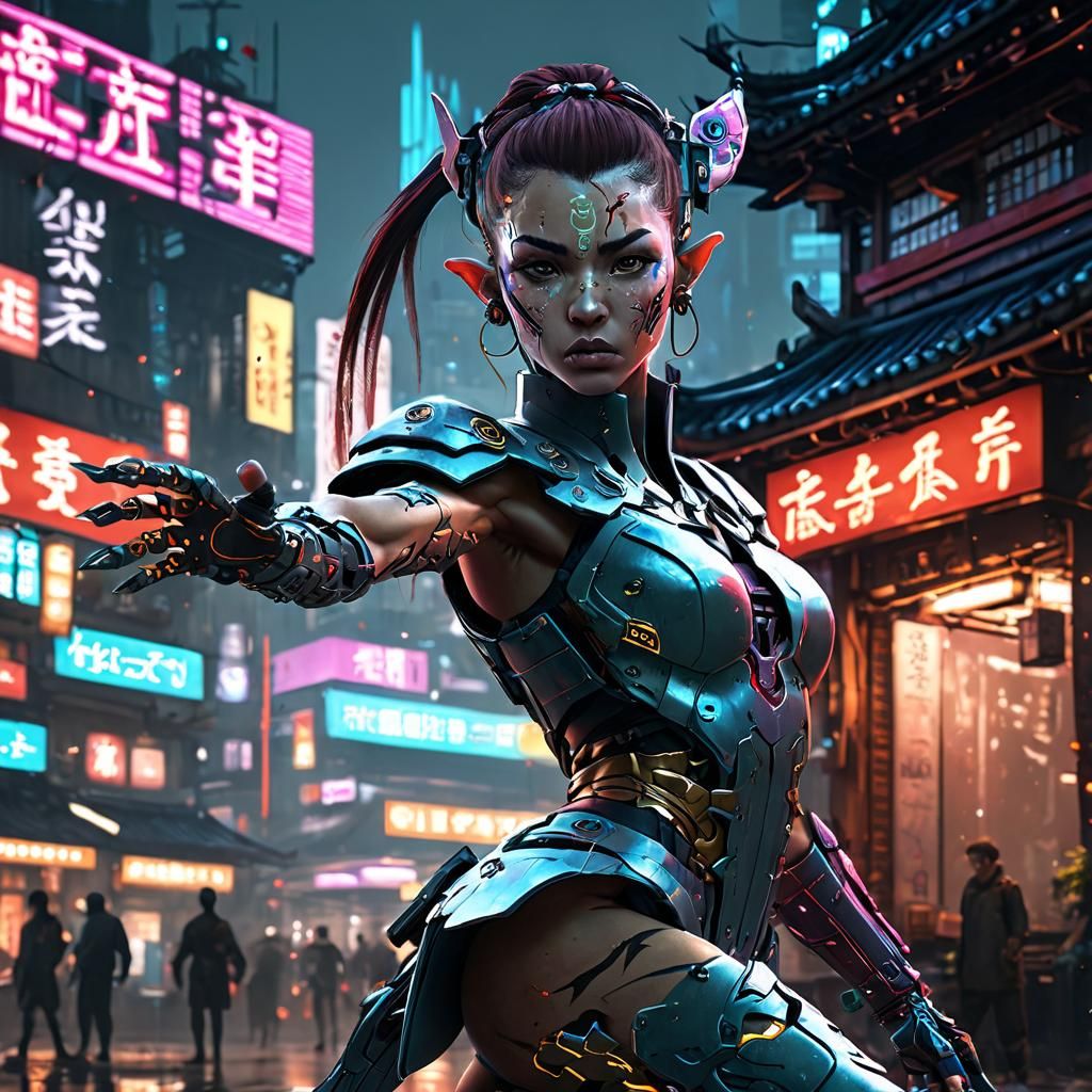 Cyborg Elf Street Samurai in Cyberpunk Kyoto