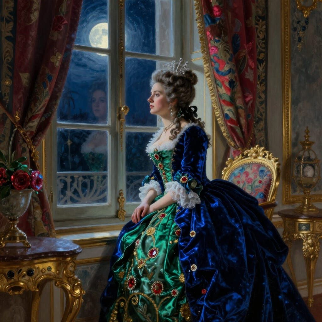 Marie Antoinette in Opulent Palace Window, Romantic Painting...