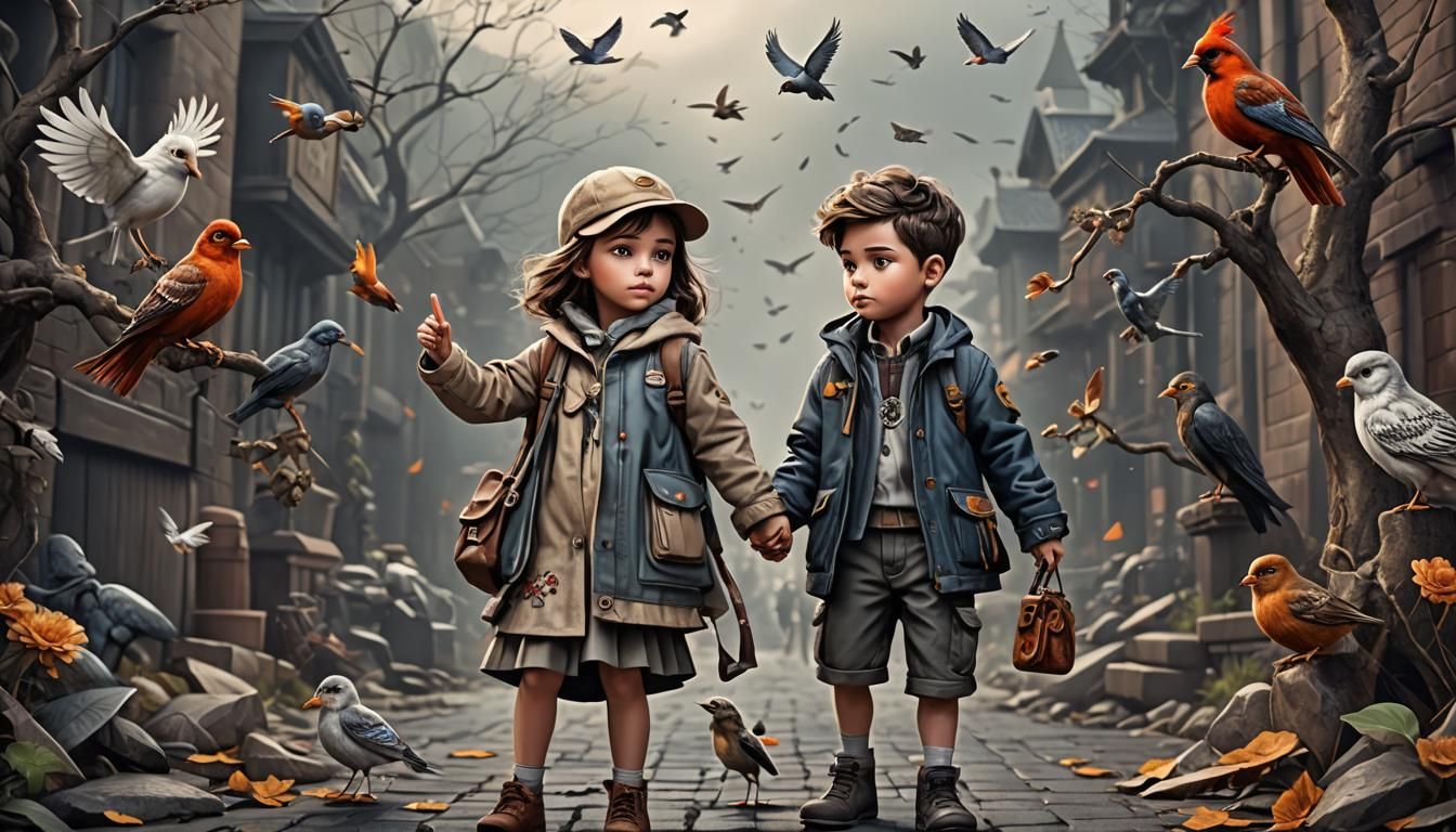 Sweet Cartoon Children Free a Bird