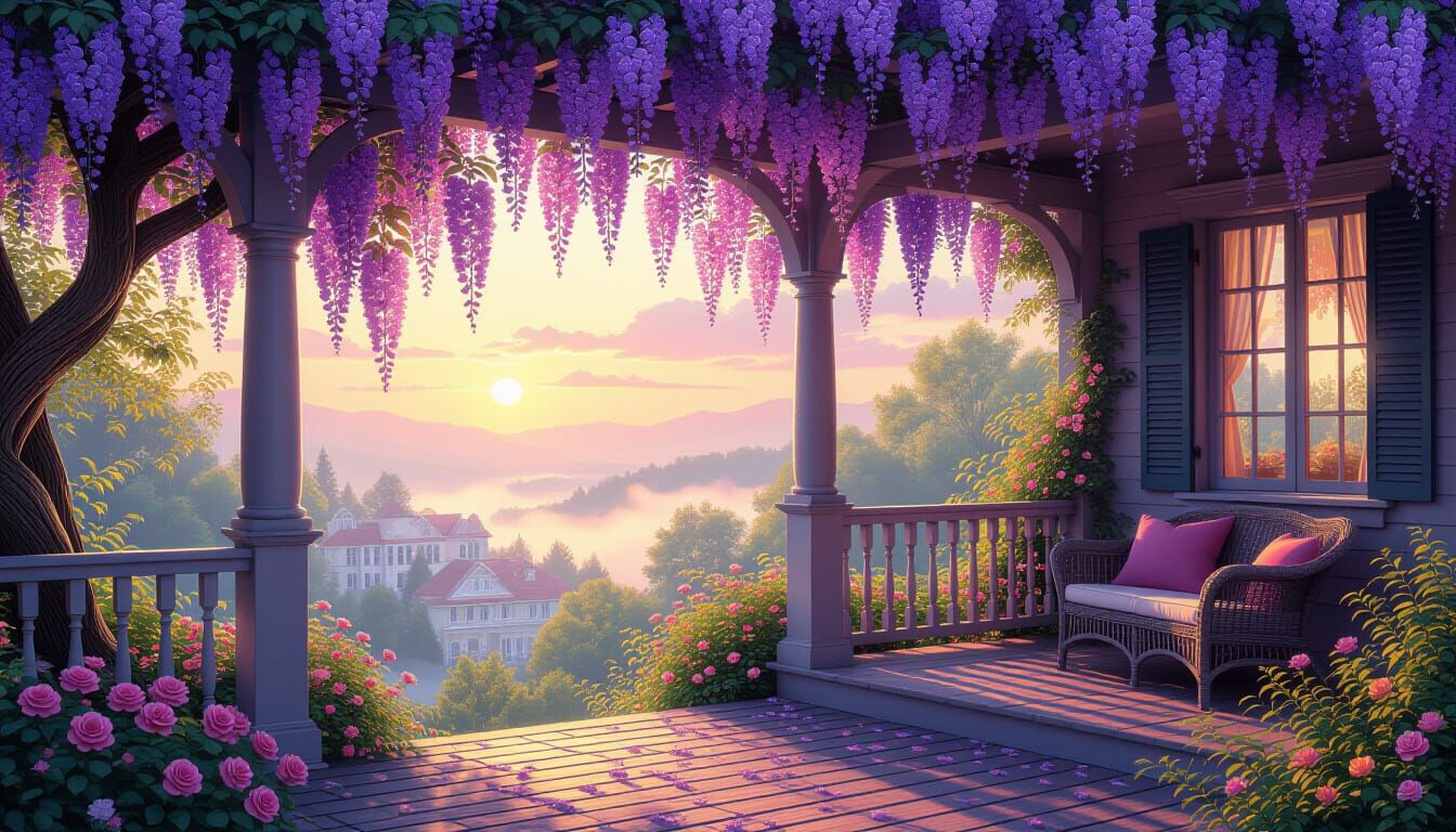 Dreamy Wisteria Garden at Sunrise in Luminous Style