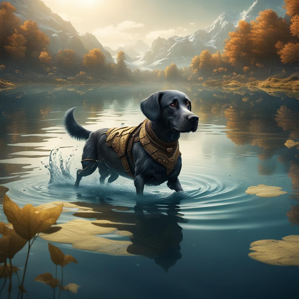 Dog Swimming in Lake: Detailed Matte Painting