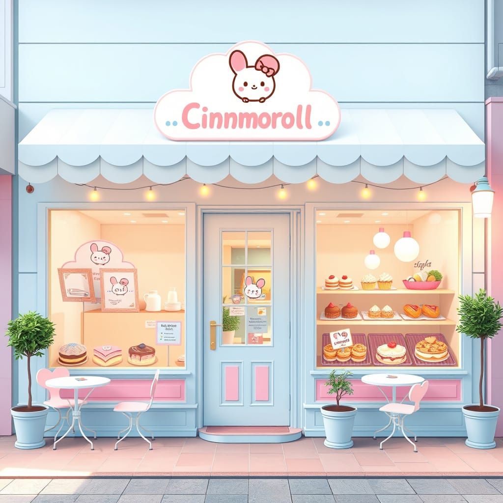 Pastel-Colored Café Shop Facade in Whimsical Style