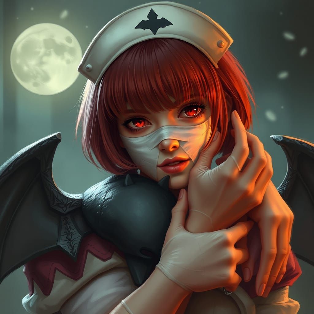 Nurse with Red Hair Hugging Batman in Ethereal Style