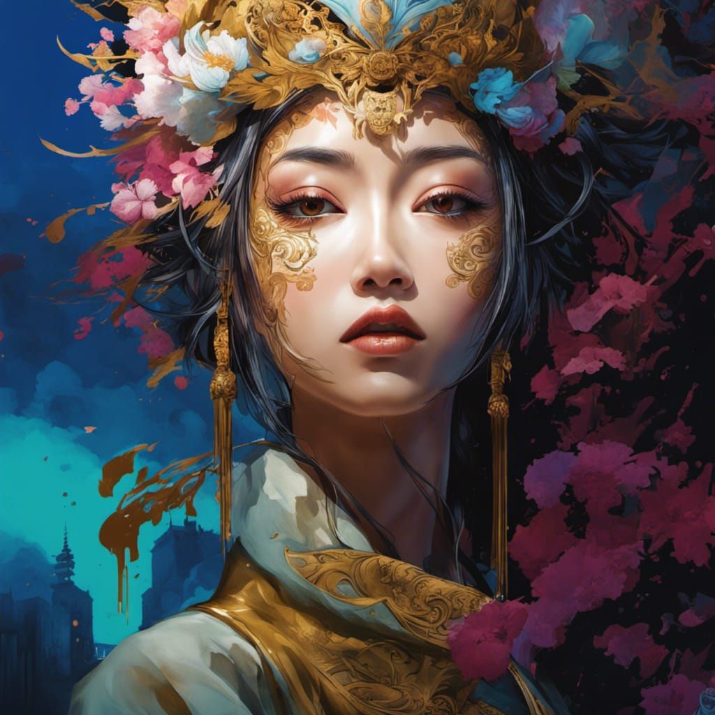 Asian Raven Yokai in Art Nouveau Style