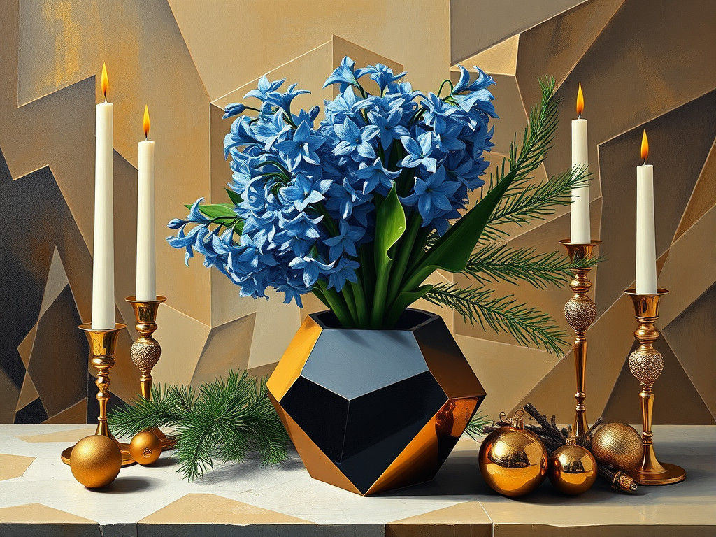 Maximalist Cubist Still Life with Hyacinth and Baubles
