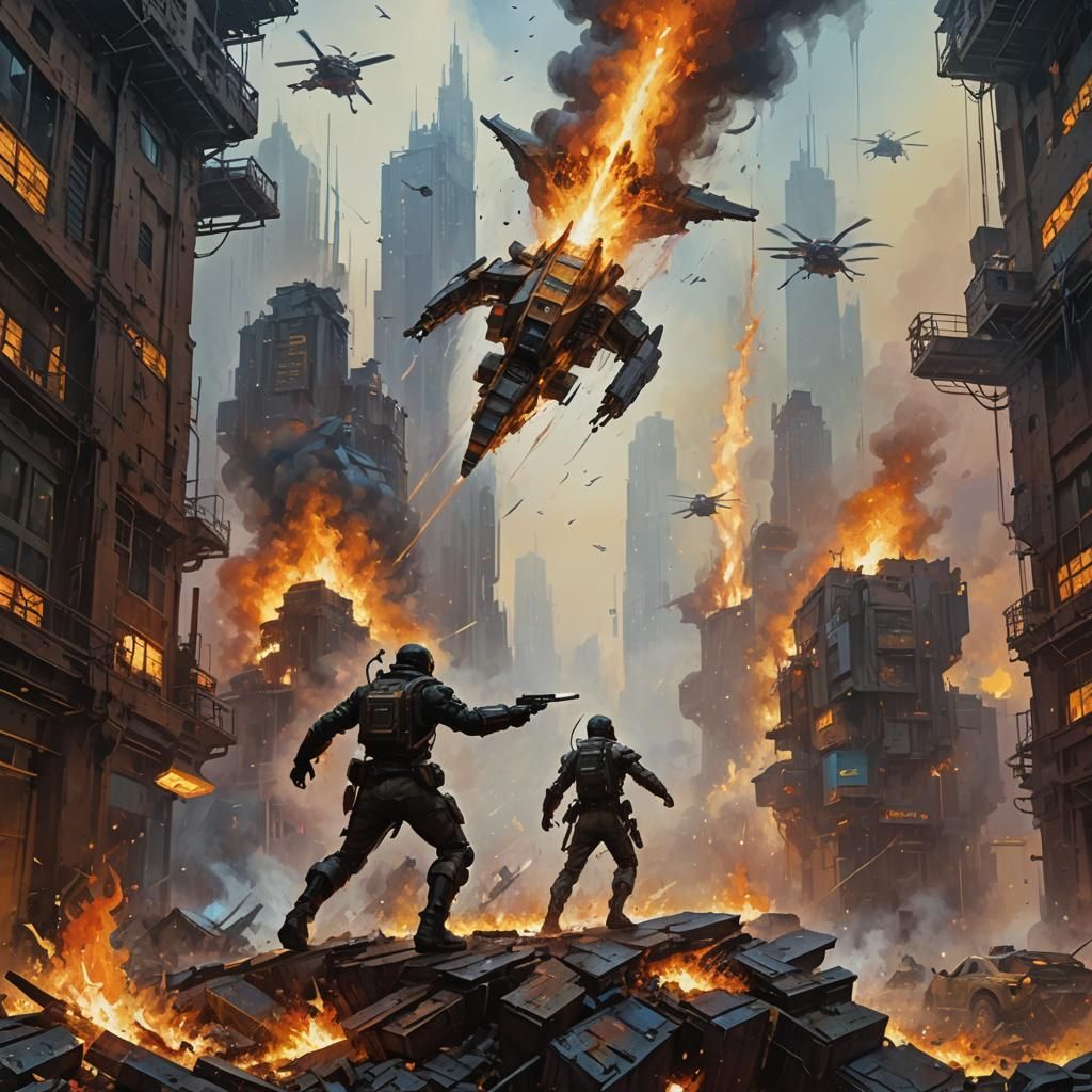 Dystopian Sci-Fi Combat in Hyperrealistic Splash Art