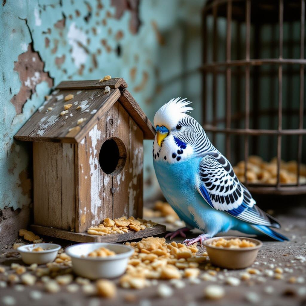 Blue and White Budgie in Worn Environment