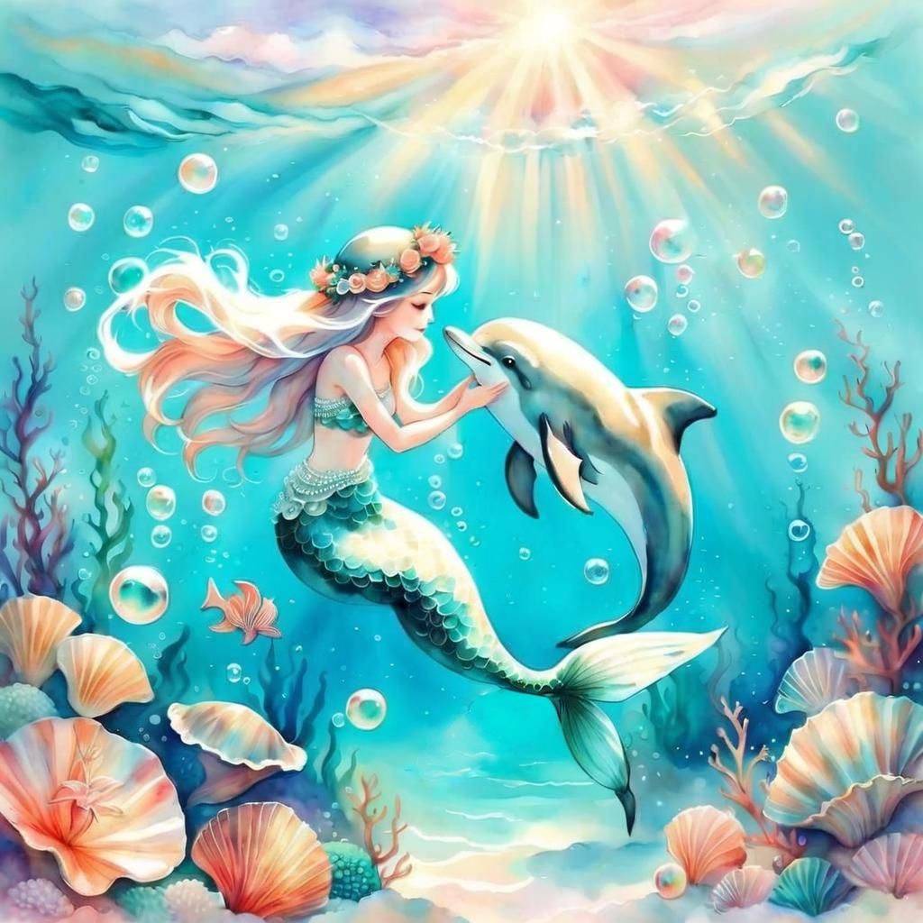 Mermaid and Dolphin Play in Watercolour Style