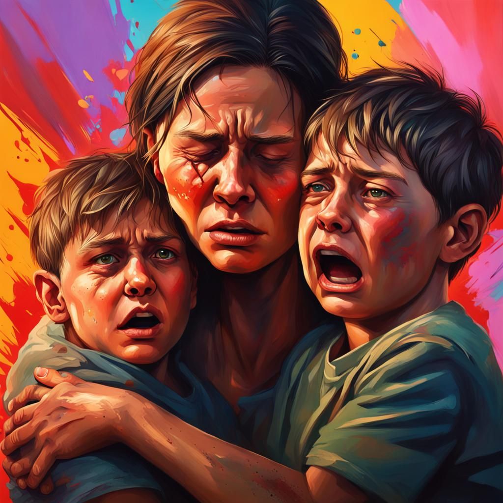 Hyperrealistic Mother and Son in Wartime Embrace