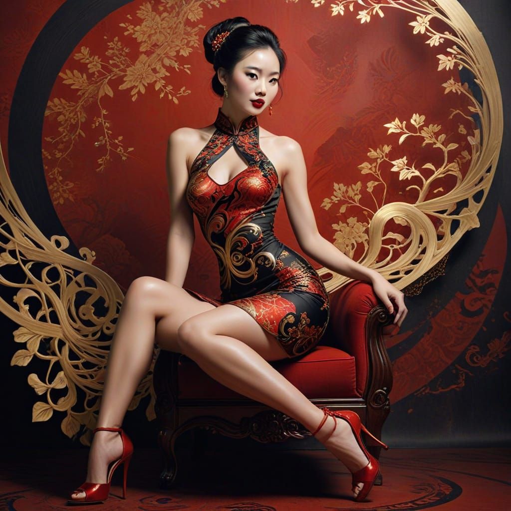 Glamorous Chinese Woman in Red Qipao Dress