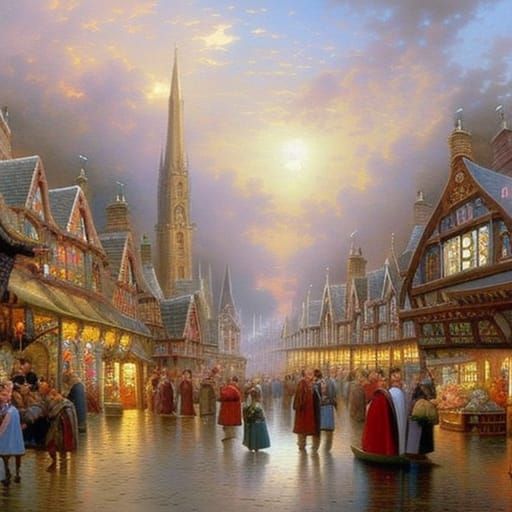 Bustling Medieval Marketplace in Ethereal Fantasy Style