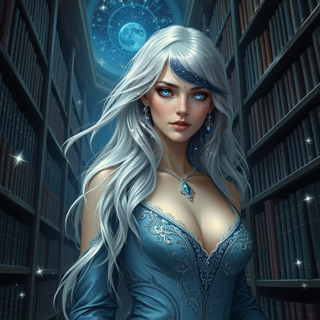 Celestial Librarian Summons Stardust in Art Nouveau Style