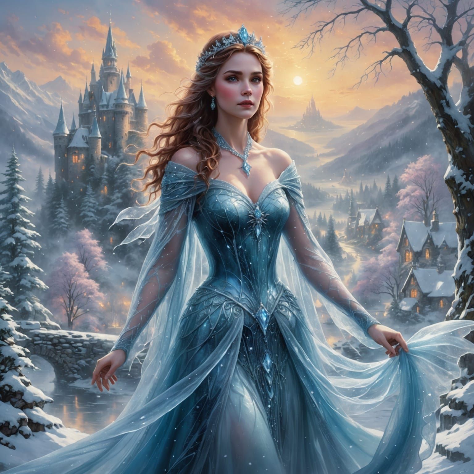 Ethereal Ice Queen in a Whimsical Winter Wonderland