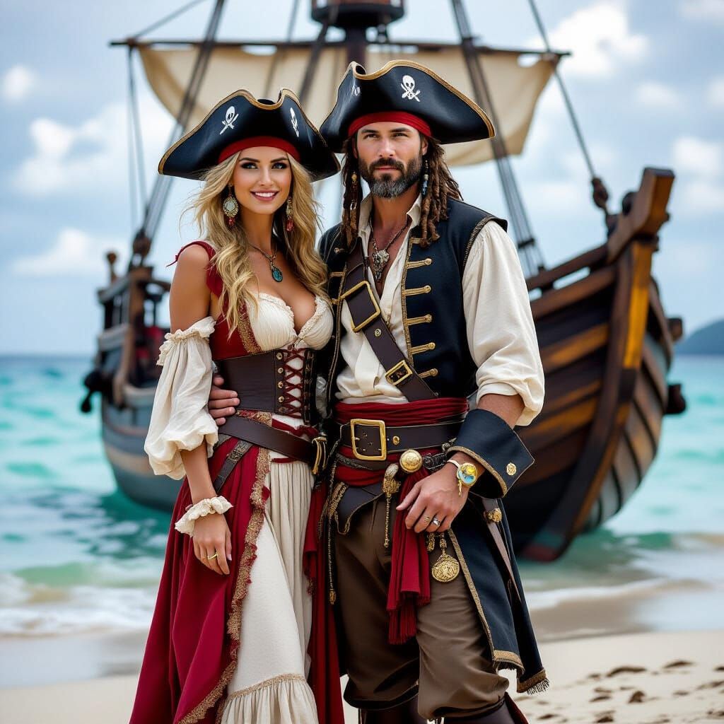 Pirate Fashion Couple on Beach with Ship