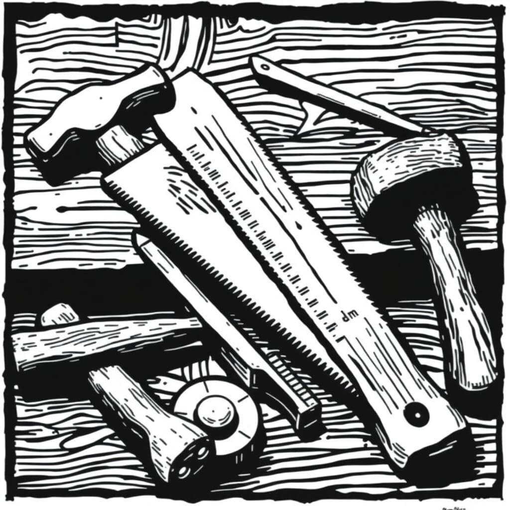 Classic Carpenter's Tools in Woodcut Style