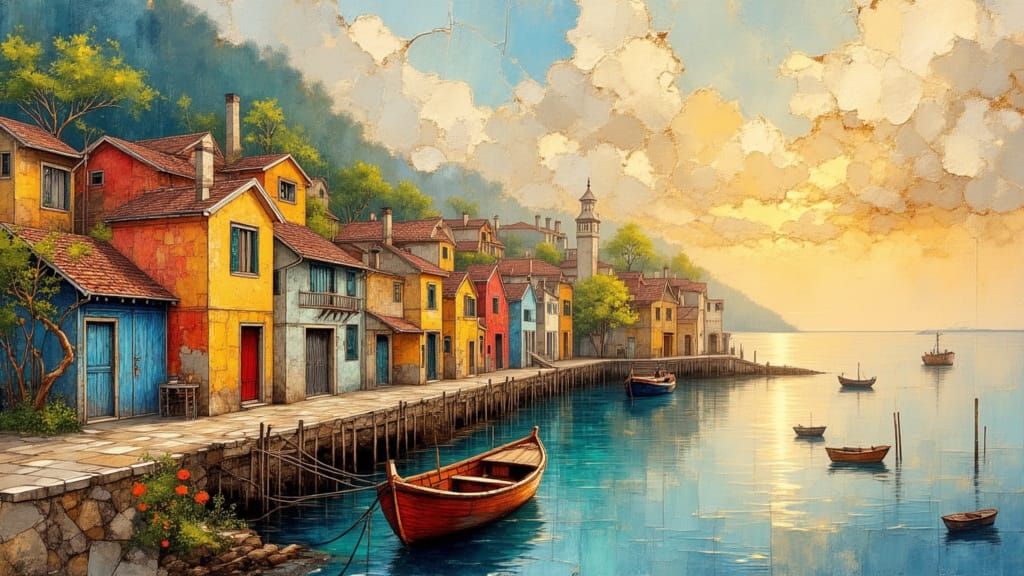 Seaside Village Sunset in Impressionistic Oil Style