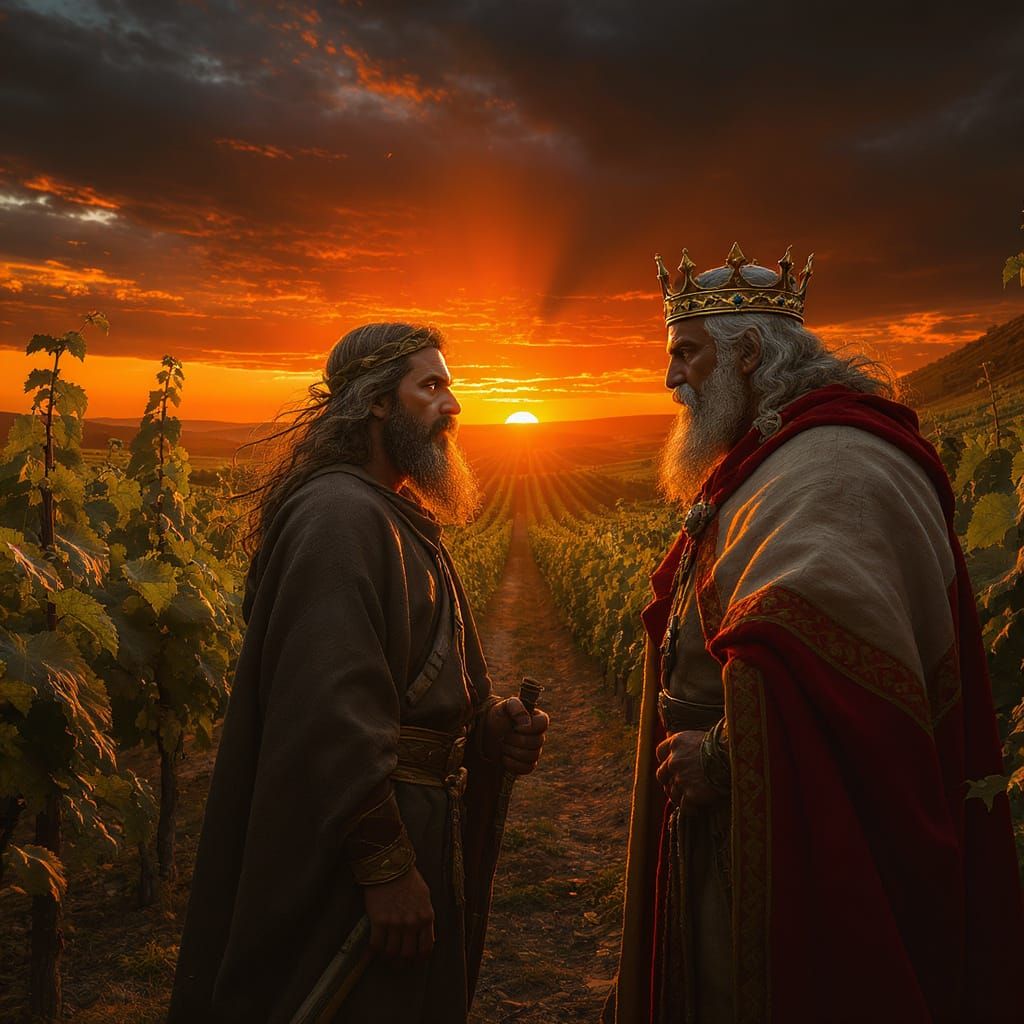 Elijah Confronts Ahab in Vineyard at Sunset