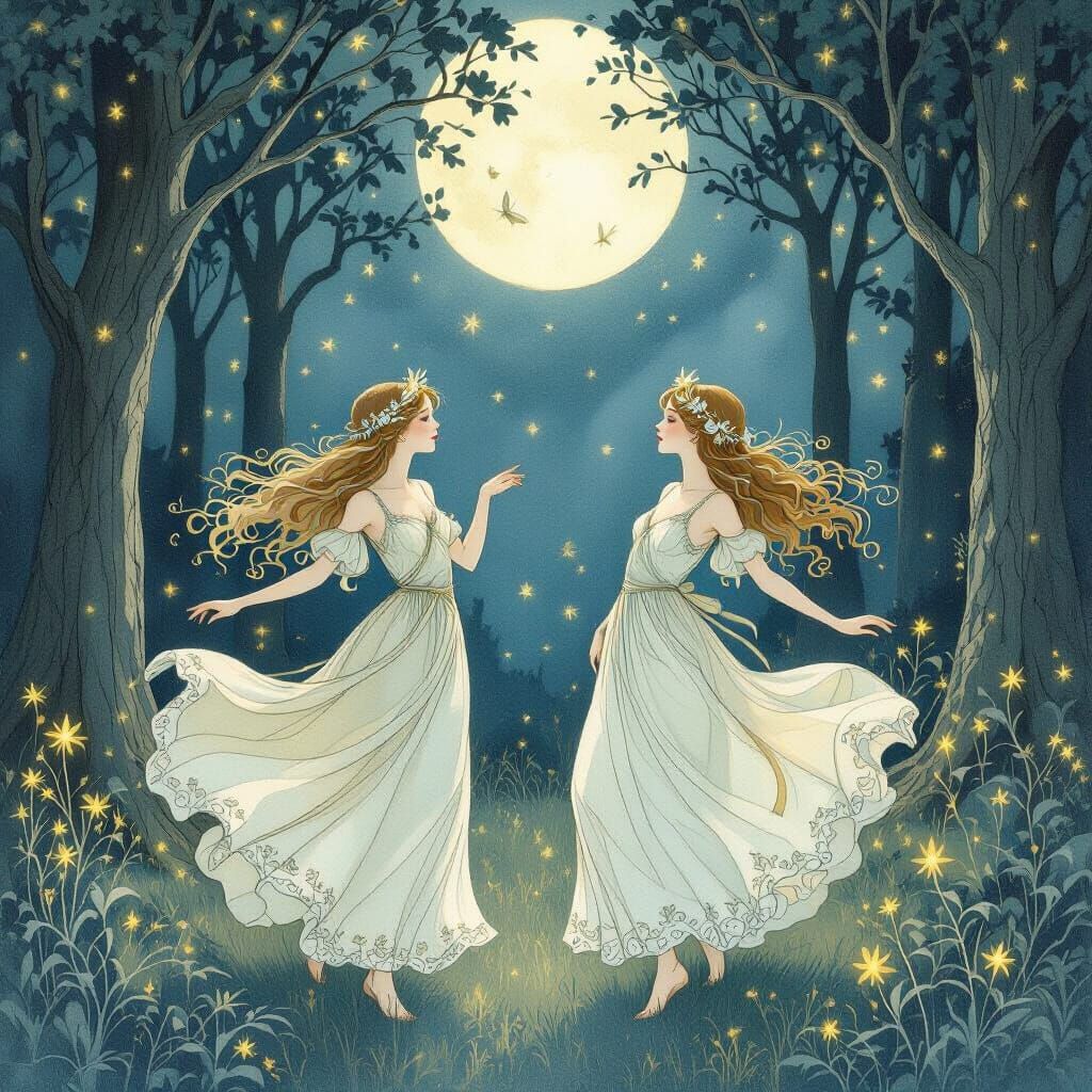 Nymphs Dance in Moonlit Forest, Fairytale Art