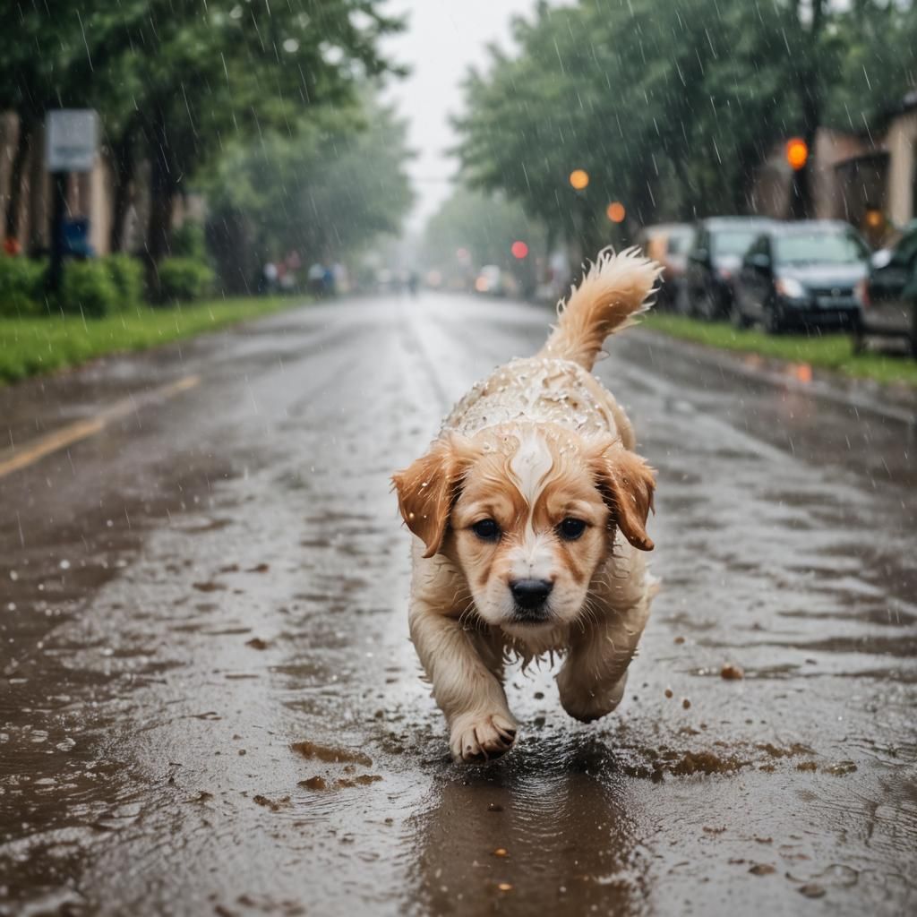Puppy Running in the Rain with Divine Light