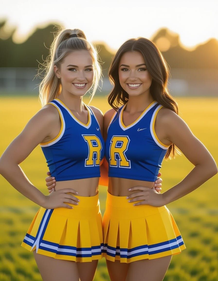 Cheerleaders Posing in Sunny Athletic Field