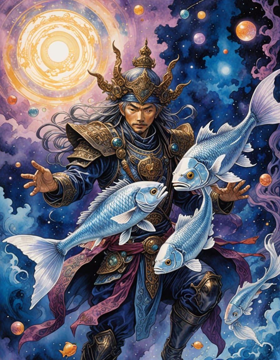 Celestial Warrior Chasing Ethereal Fish in Nebula, Watercolo...