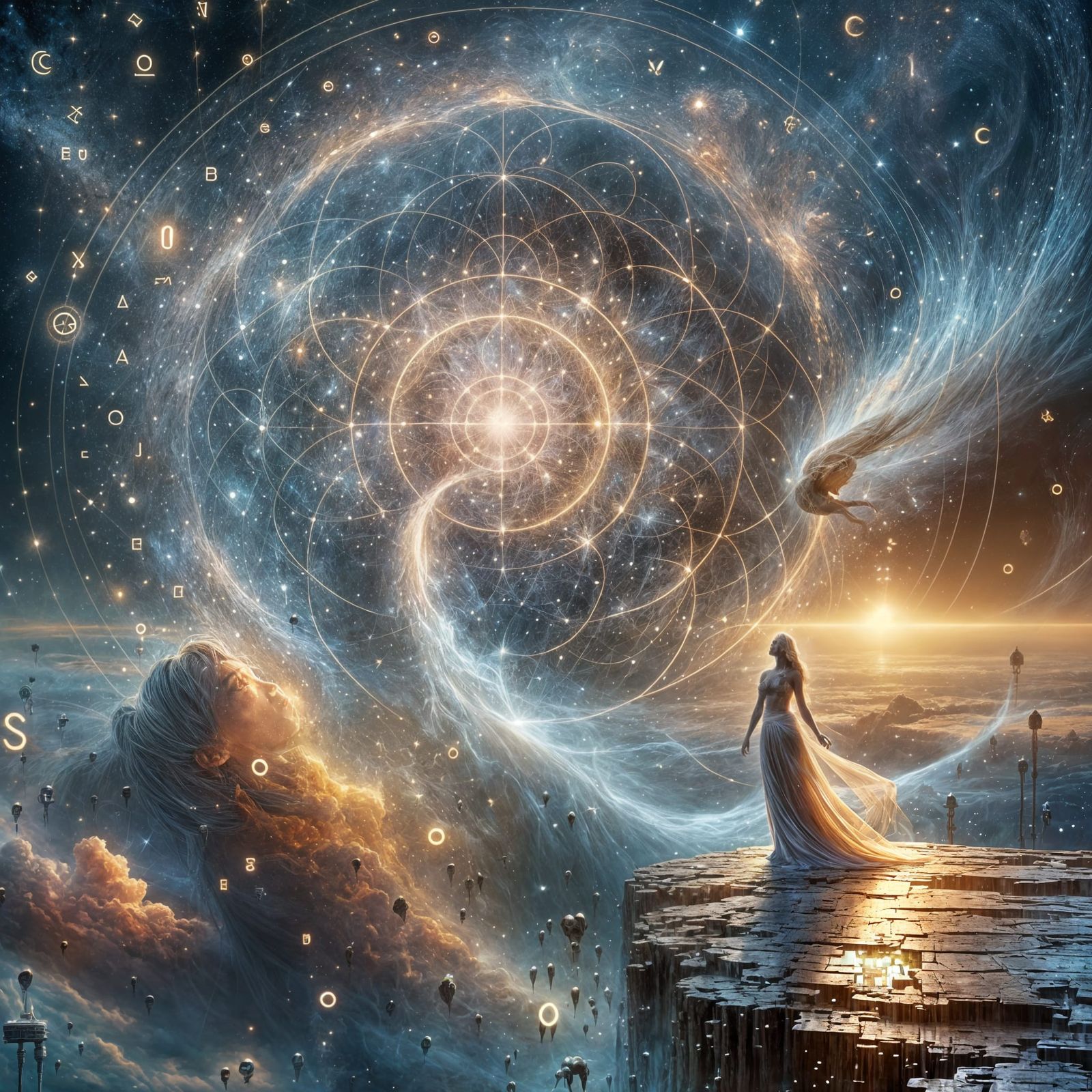 Radiant Feminine Figure Emerges from Digital Mist