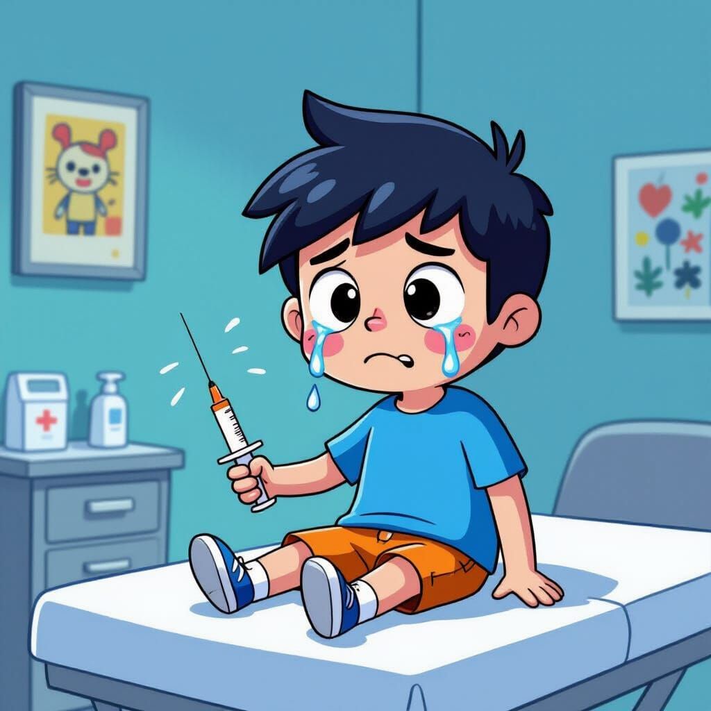 Sad Cartoon Kid Receives Shot in Vibrant Style