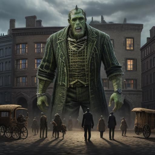 Dr. Frankenstein and Creation Observe Approaching Villagers