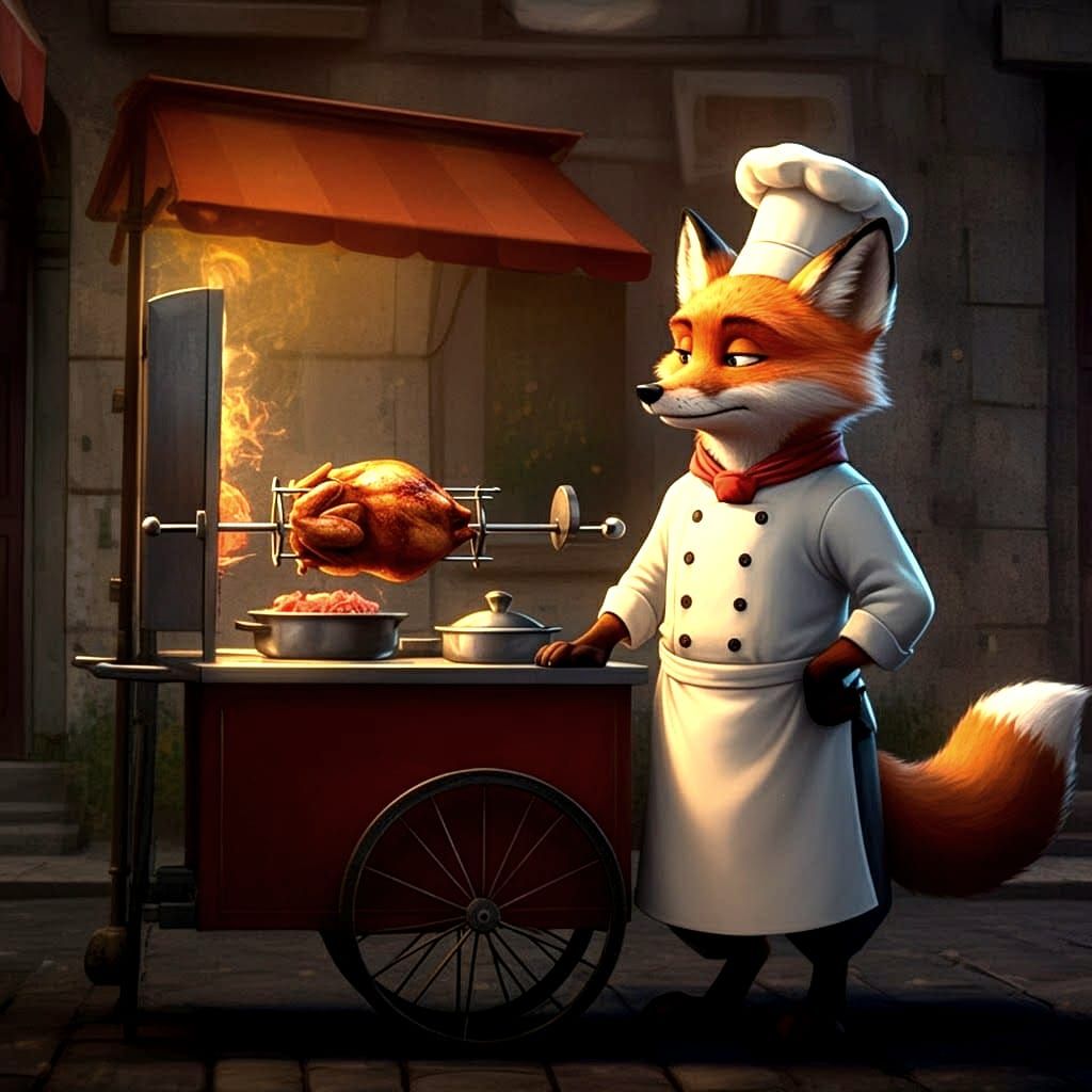 Chef Fox at Street Cart in Cell-Shaded Style