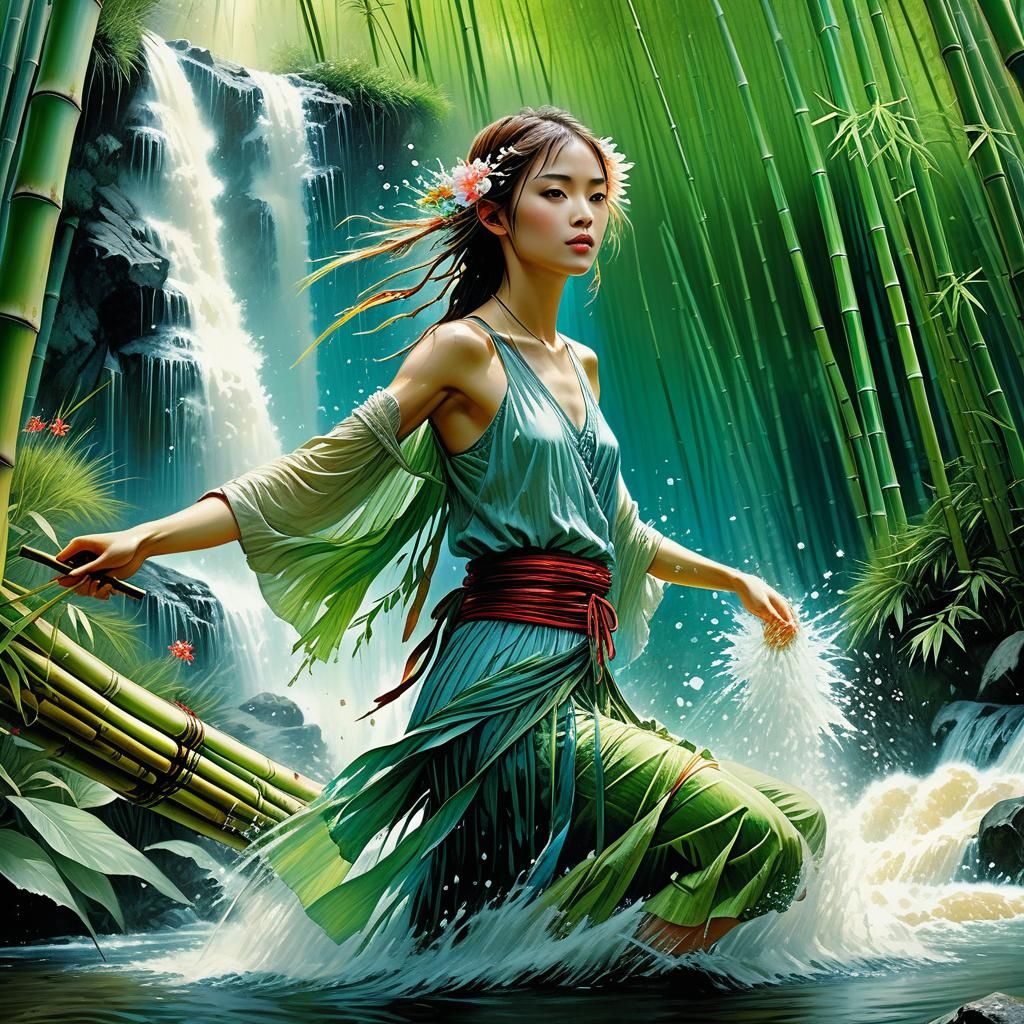 Woman in Bamboo Forest Waterfall, Anime Style