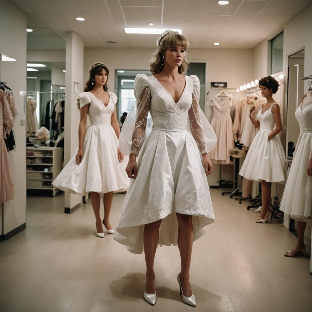 Muscular Bodybuilder in Wedding Dress, Cinematic Still