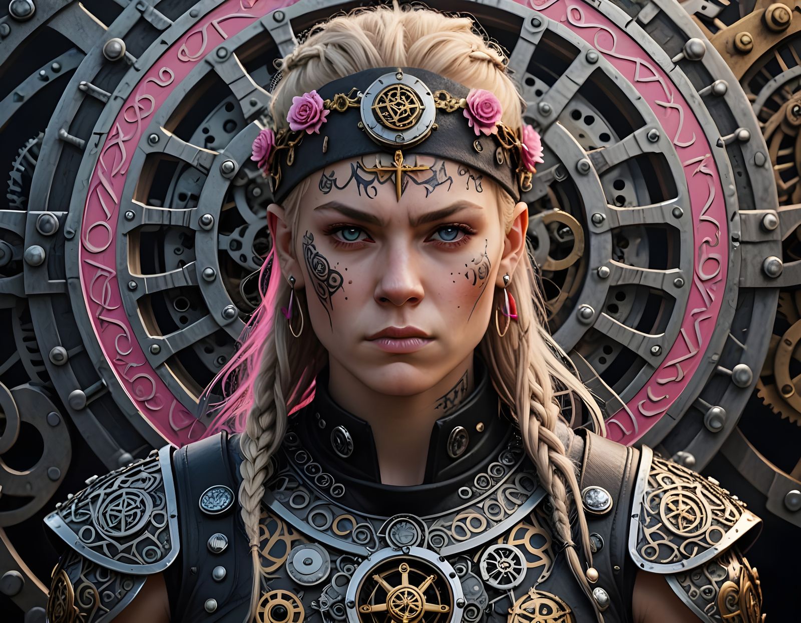 Punk Rock Portrait with Intricate Nordic Symbols