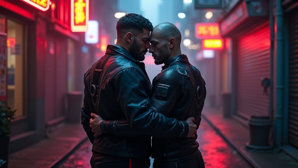 Cyberpunk Hug in Futuristic City Alleyway