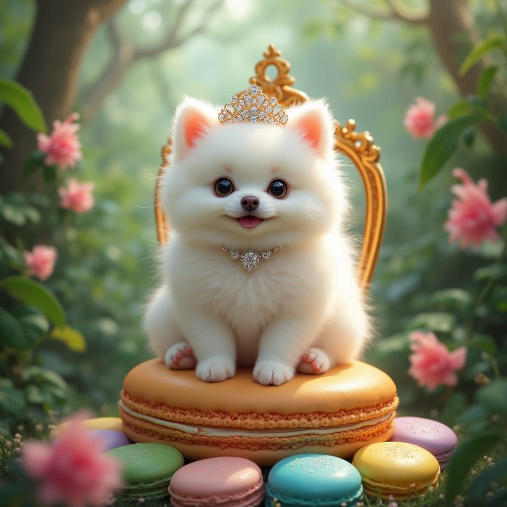 Regal Fluffy White Pomeranian Puppy in Tropical Rainforest T...