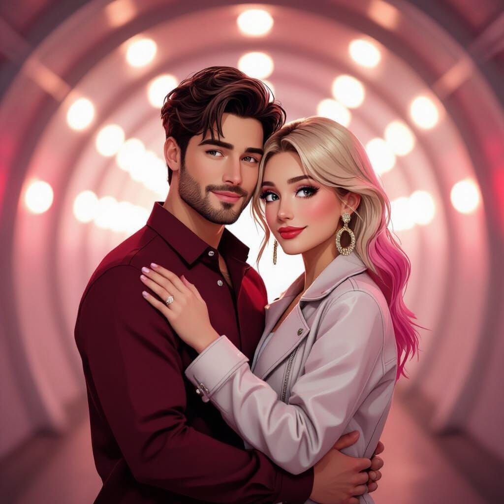 Romantic Embrace in Tunnel, Anime Style Illustration