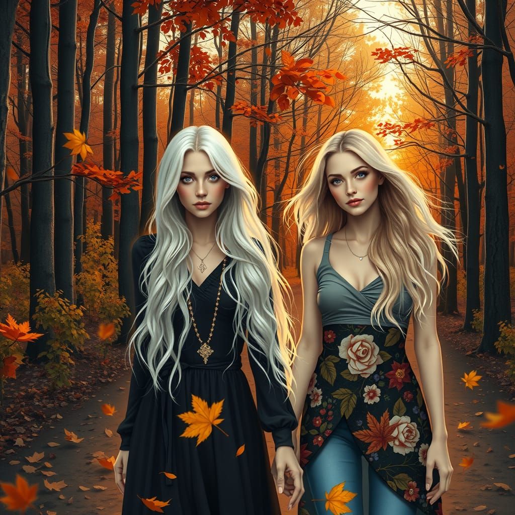 Women Walking a Floral Forest Path at Twilight