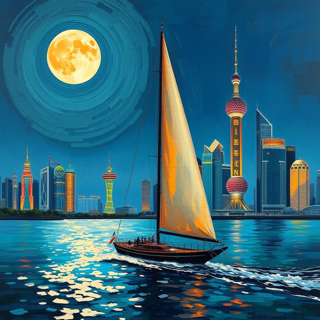 Sailboat Navigating Shanghai River Under Full Moon