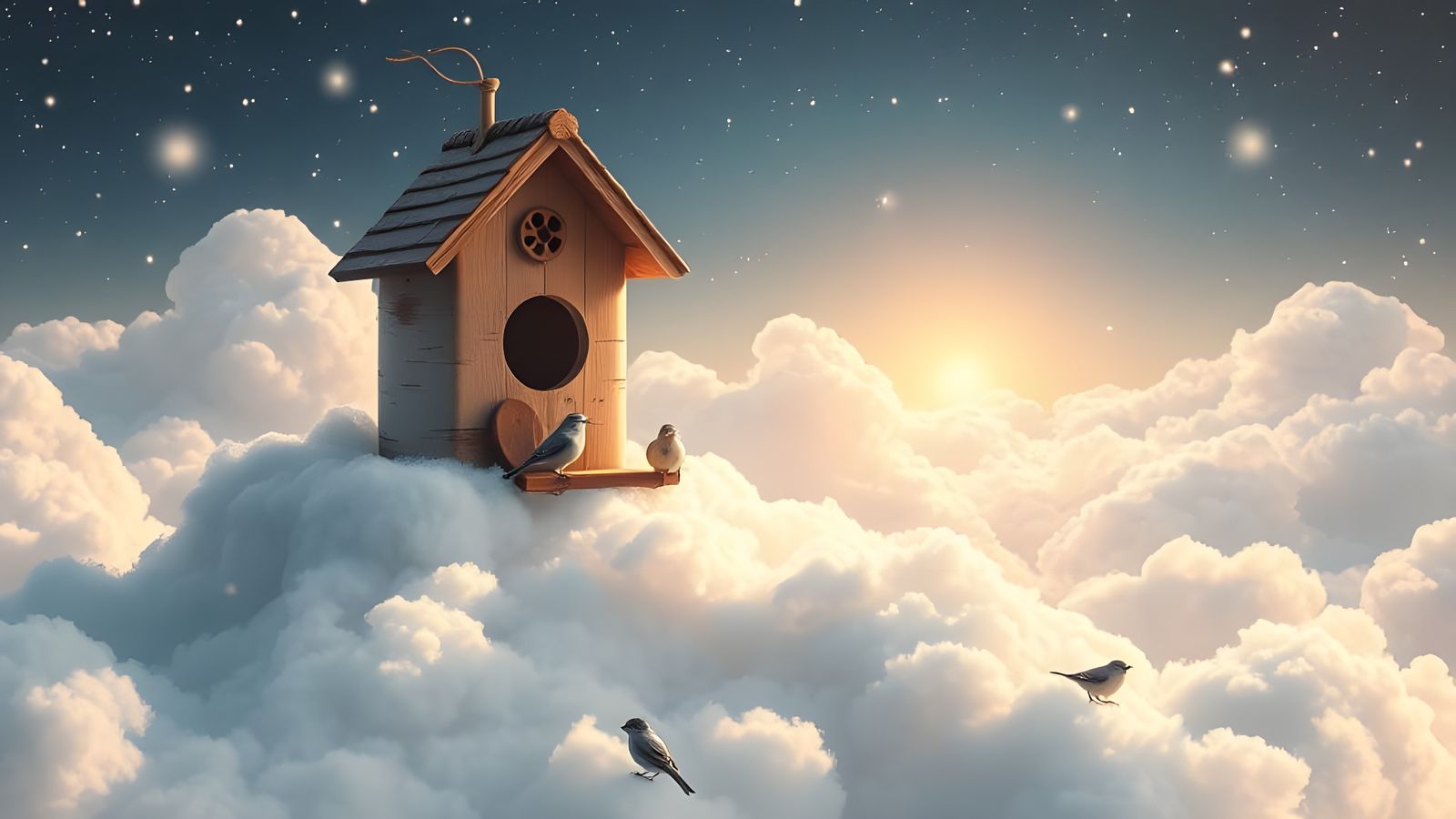 Heavenly Birchwood Birdhouse with Snow Buntings in Anime Sty...