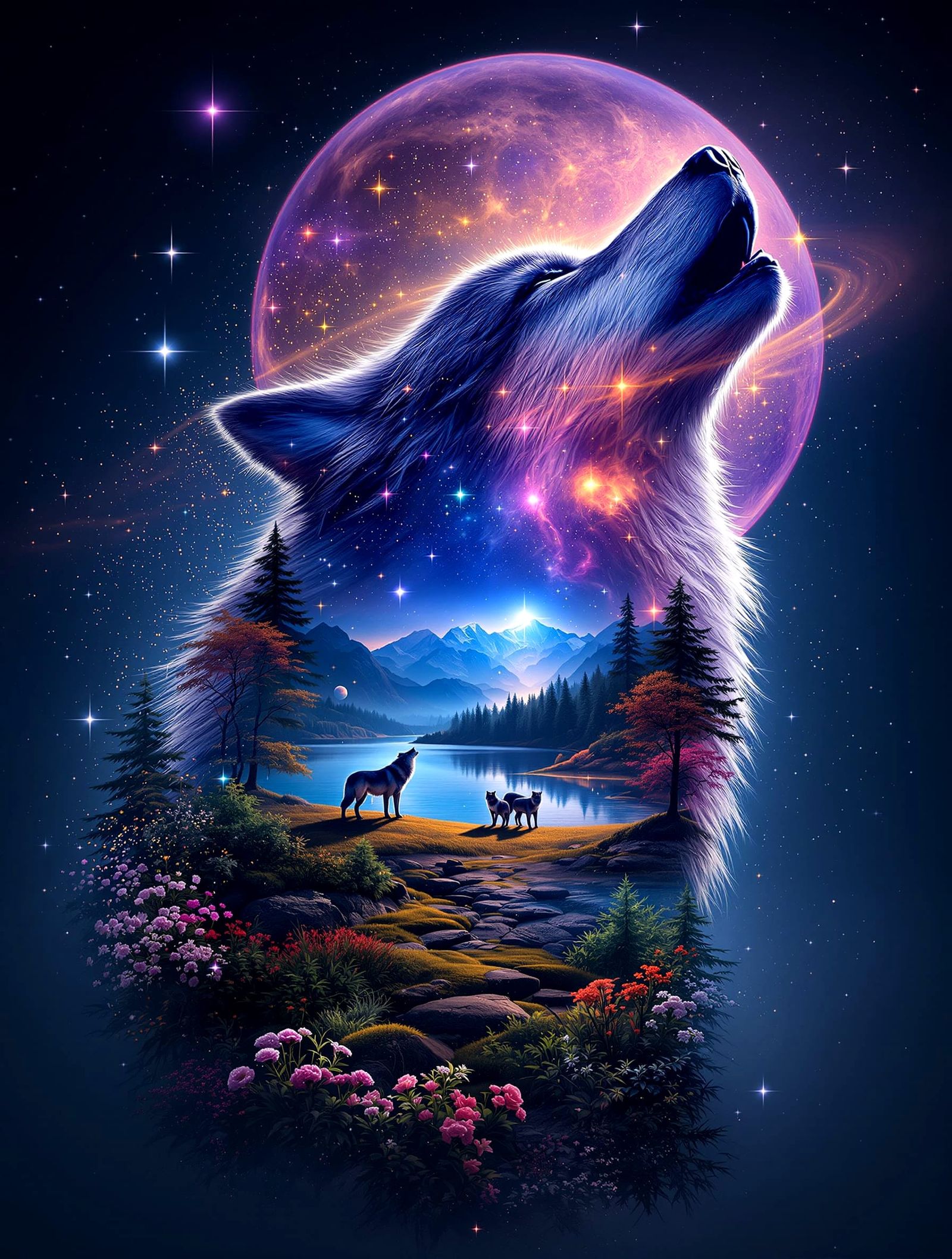Surreal Wolf Silhouette with Cosmic Landscape