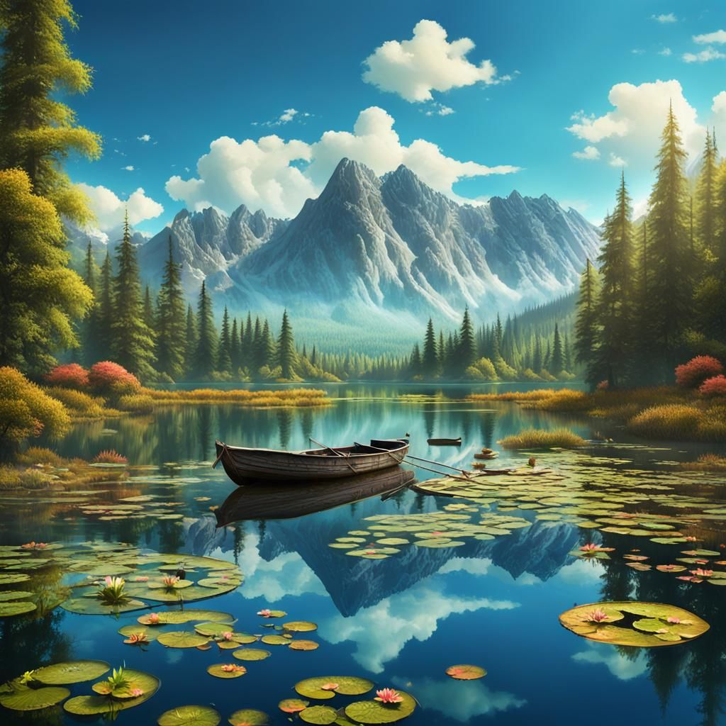 Lake Boat Landscape in German Romanticism Style