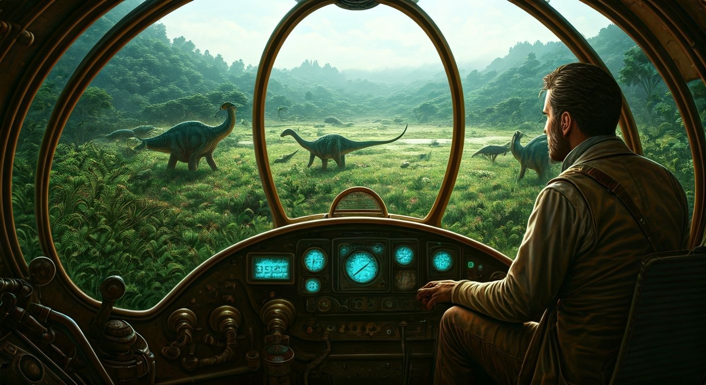 Steampunk Time Traveler Among Dinosaurs
