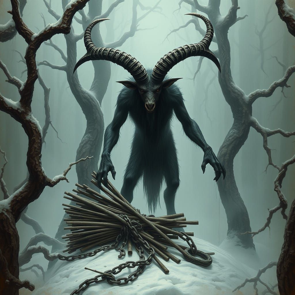 Horned Demon Krampus Emerges from Dark Mystical Forest