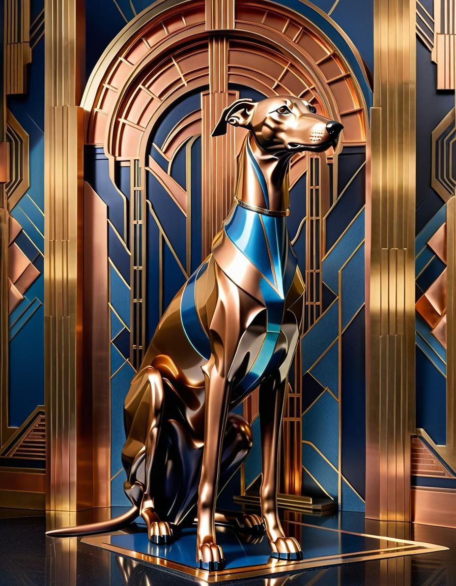 Art Deco Greyhound Sculpture in Cityscape