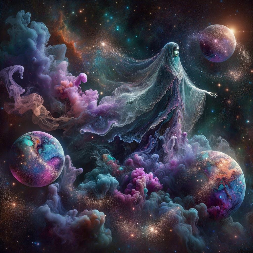 Ethereal Woman in Cosmic Nebula as Alcohol Ink Art