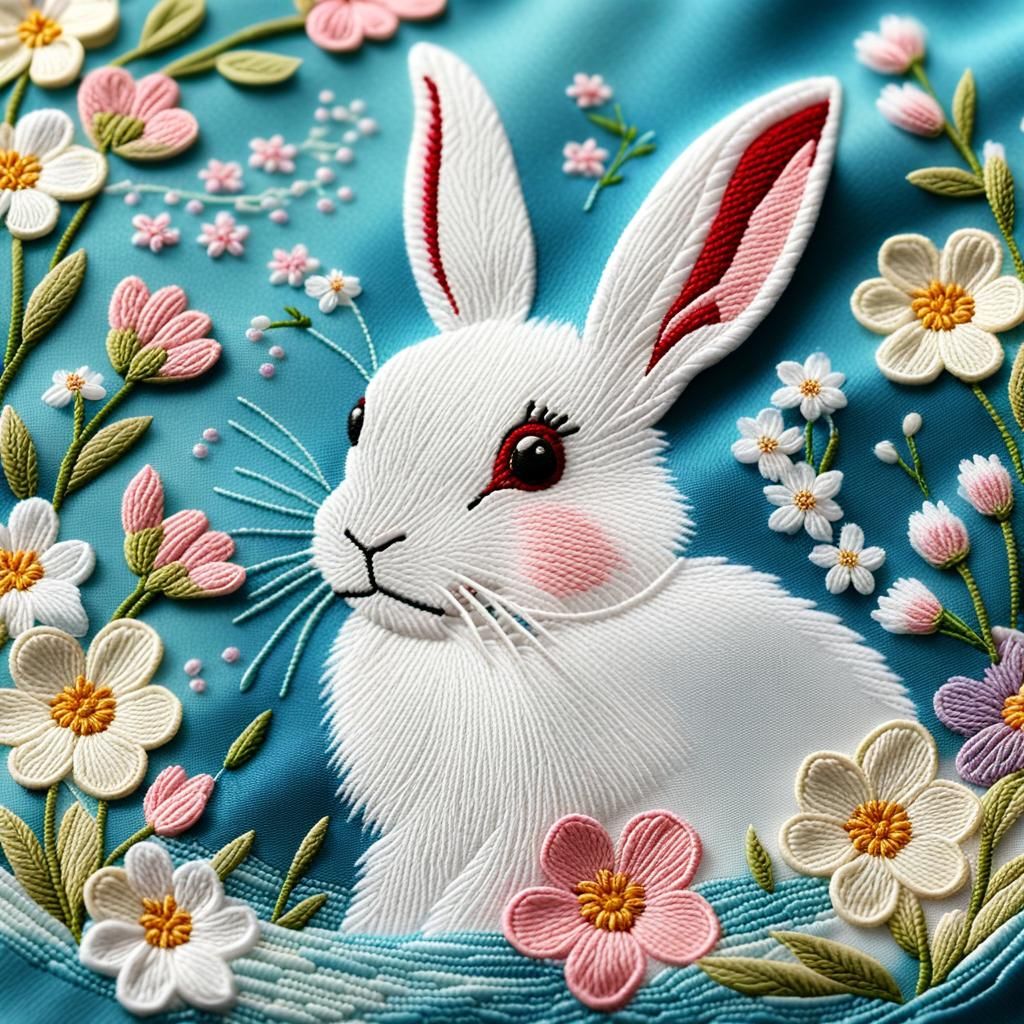 Vibrant Japanese Embroidery Art of White Rabbit