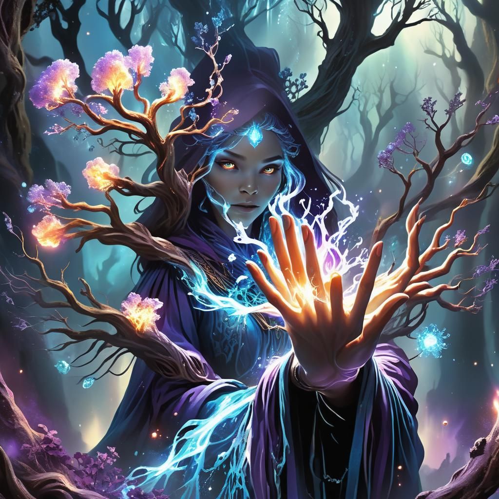 Ethereal Sorceress Conjuring Energy in Fantasy Art