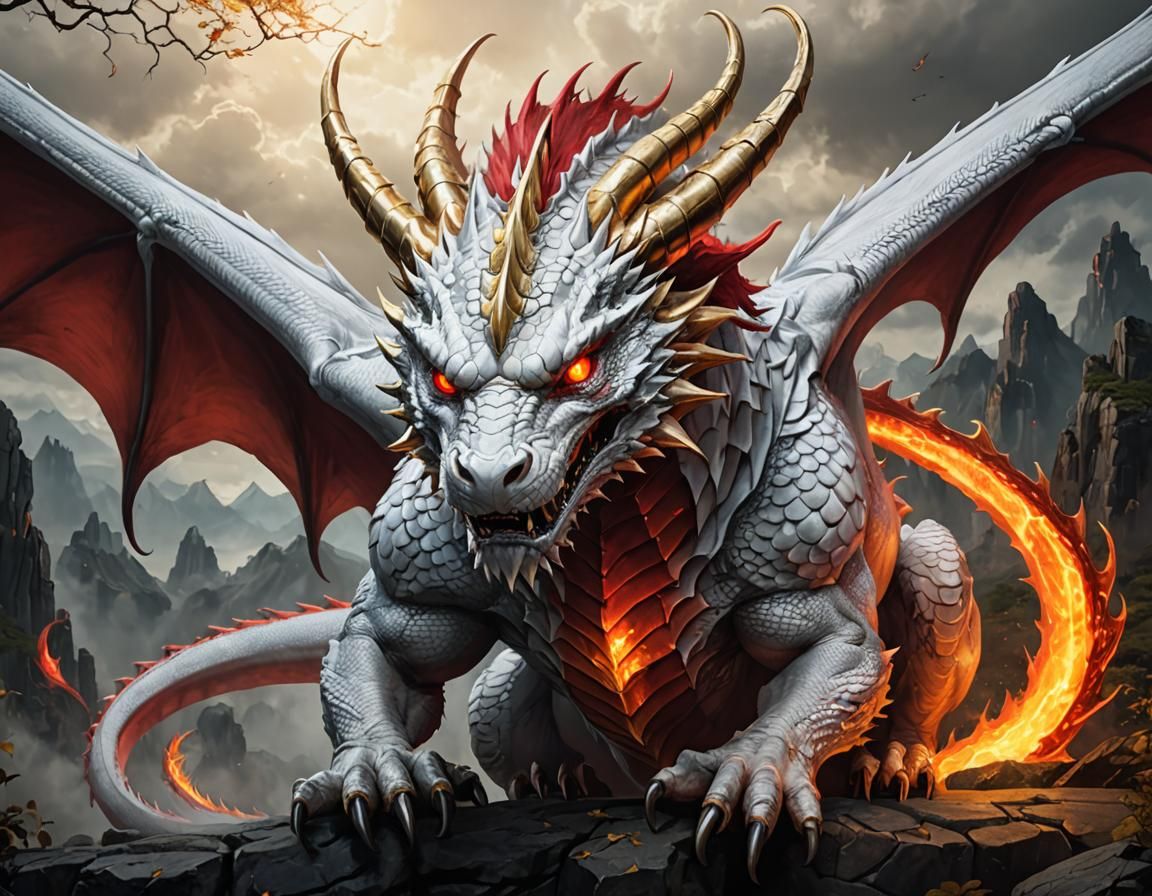 Magnificent White and Red Dragon with Golden Eyes