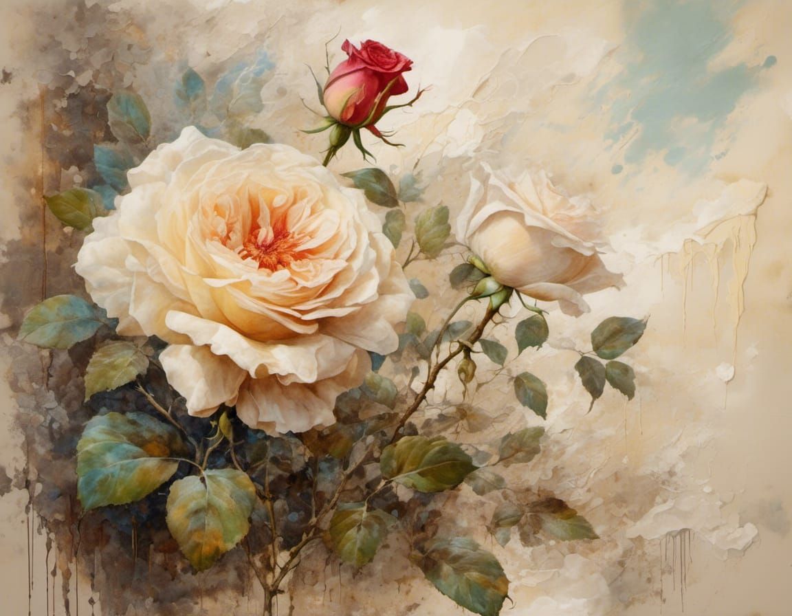 Rose Oil Painting with Vintage Paper Texture